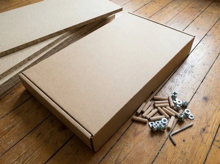 Carton de meuble en kit ouvert, panneaux et petite quincaillerie
