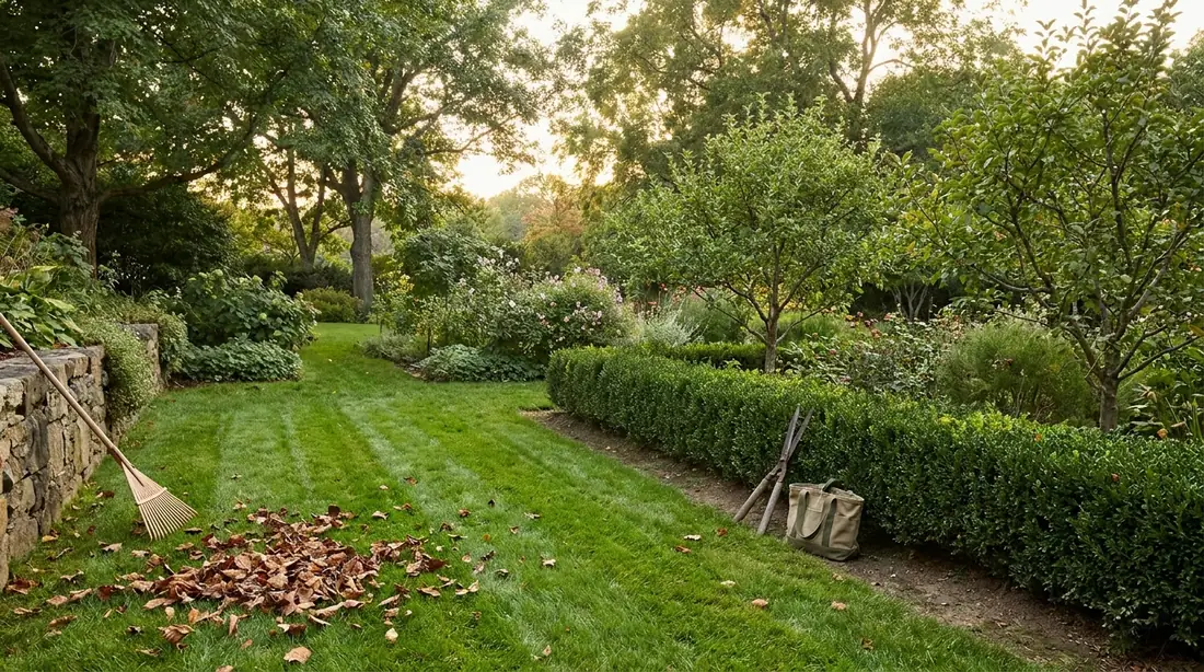 Jardin en fin de journée : haie taillée, feuilles ramassées, outils posés dans l’herbe