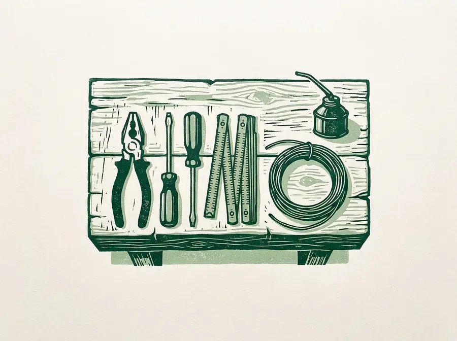 Linogravure : établi en bois vu de dessus avec pince, tournevis, mètre pliant et burette d'huile
