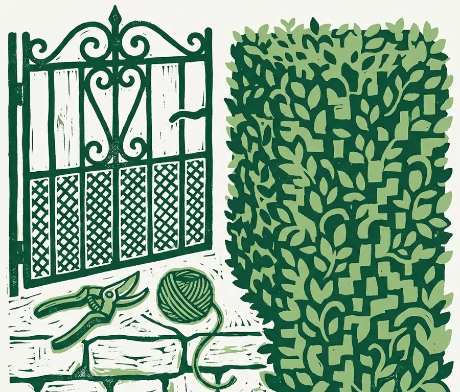 Linogravure : portail en fer forgé entrouvert dans une haie de buis taillée, sécateur et pelote de ficelle posés sur un muret