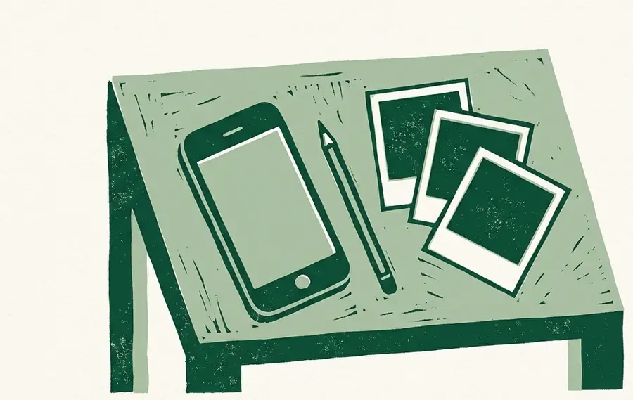 Linogravure : téléphone posé sur une table à côté de trois petites photos et d'un crayon