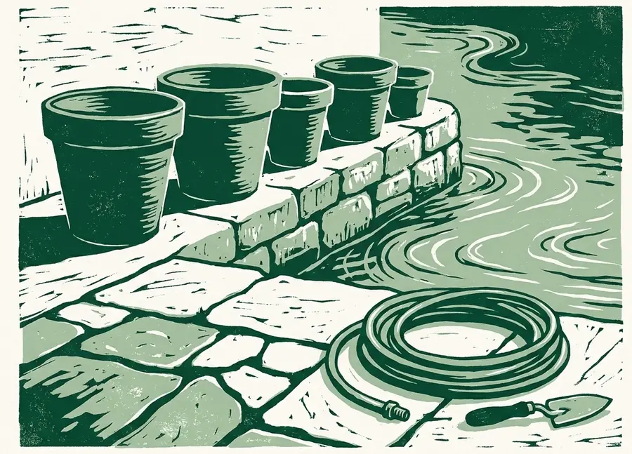 Linogravure : pots de terre cuite alignés le long d'un quai de pierre au bord de l'eau, tuyau d'arrosage enroulé posé sur les dalles