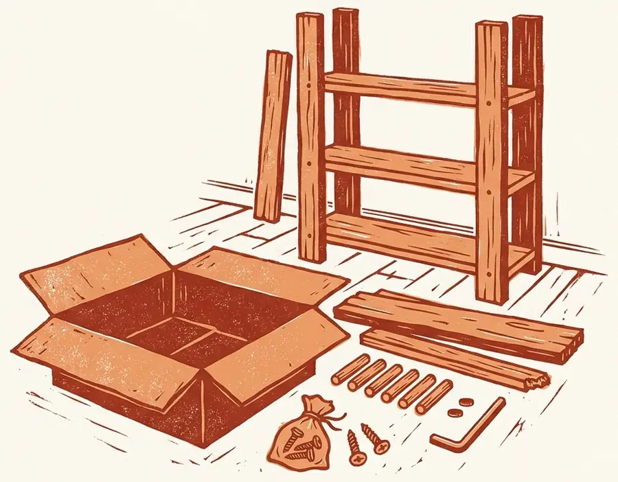 Linogravure : carton de meuble en kit ouvert, panneaux, tourillons et clé hexagonale devant une étagère à moitié montée