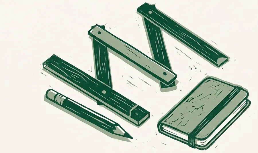 Linogravure : mètre pliant de charpentier déplié, crayon et carnet posés à plat