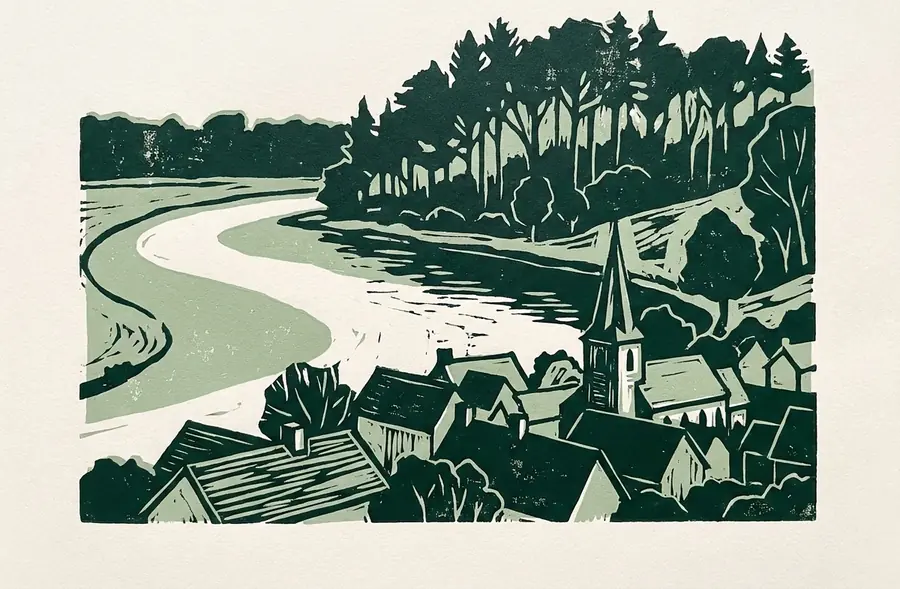 Linogravure : boucle de rivière bordée de forêt, avec les toits d'un village et un clocher au bord de l'eau